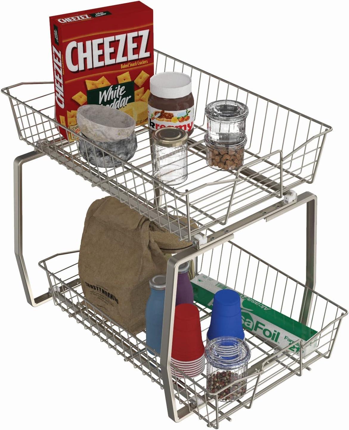 imageClosetMaid 11 in Pull Out Cabinet Organizer 2 Tier Heavy Duty Slide Out Pantry Shelves Drawers for Kitchen Bathroom WhiteNickel