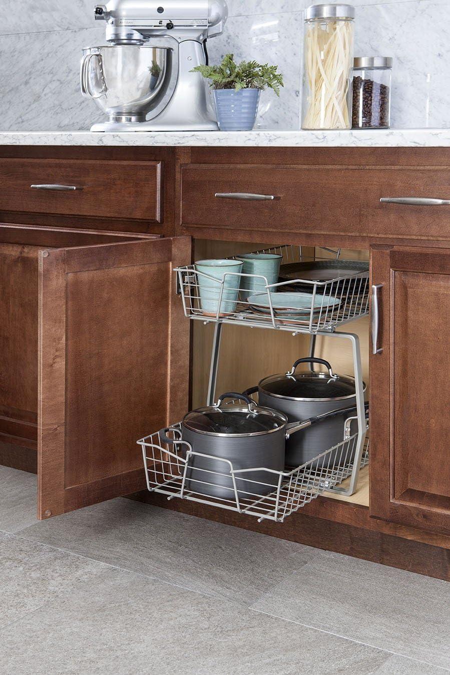 imageClosetMaid 11 in Pull Out Cabinet Organizer 2 Tier Heavy Duty Slide Out Pantry Shelves Drawers for Kitchen Bathroom WhiteNickel