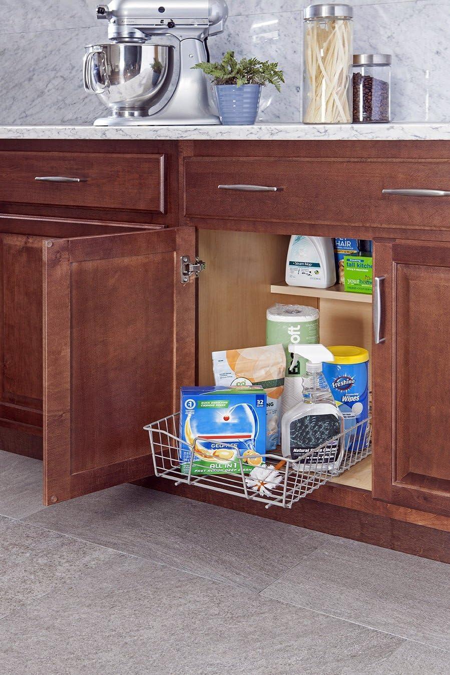 imageClosetMaid 11 in Pull Out Cabinet Organizer 2 Tier Heavy Duty Slide Out Pantry Shelves Drawers for Kitchen Bathroom WhiteNickel