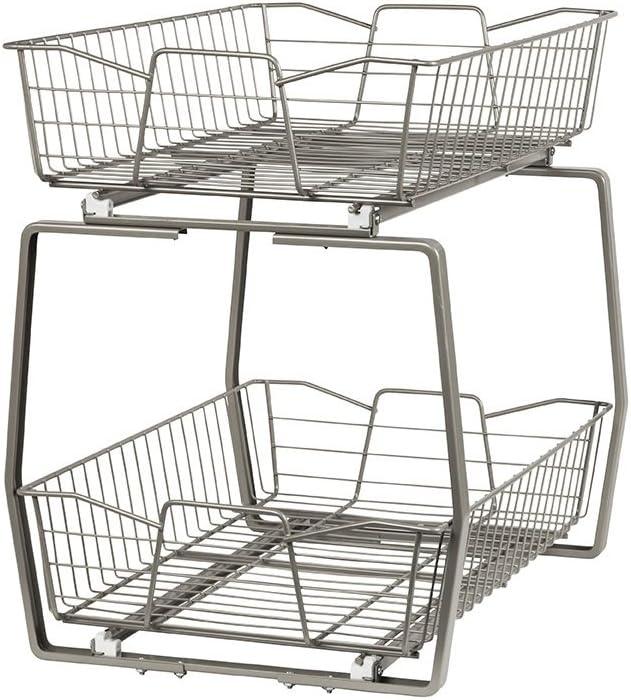 imageClosetMaid 11 in Pull Out Cabinet Organizer 2 Tier Heavy Duty Slide Out Pantry Shelves Drawers for Kitchen Bathroom WhiteNickel