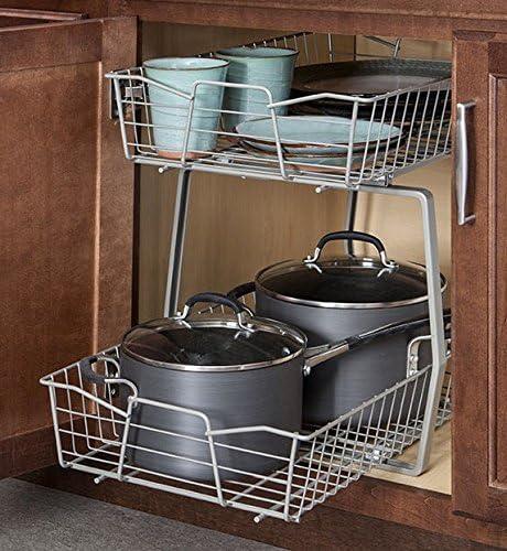 imageClosetMaid 11 in Pull Out Cabinet Organizer 2 Tier Heavy Duty Slide Out Pantry Shelves Drawers for Kitchen Bathroom WhiteNickel