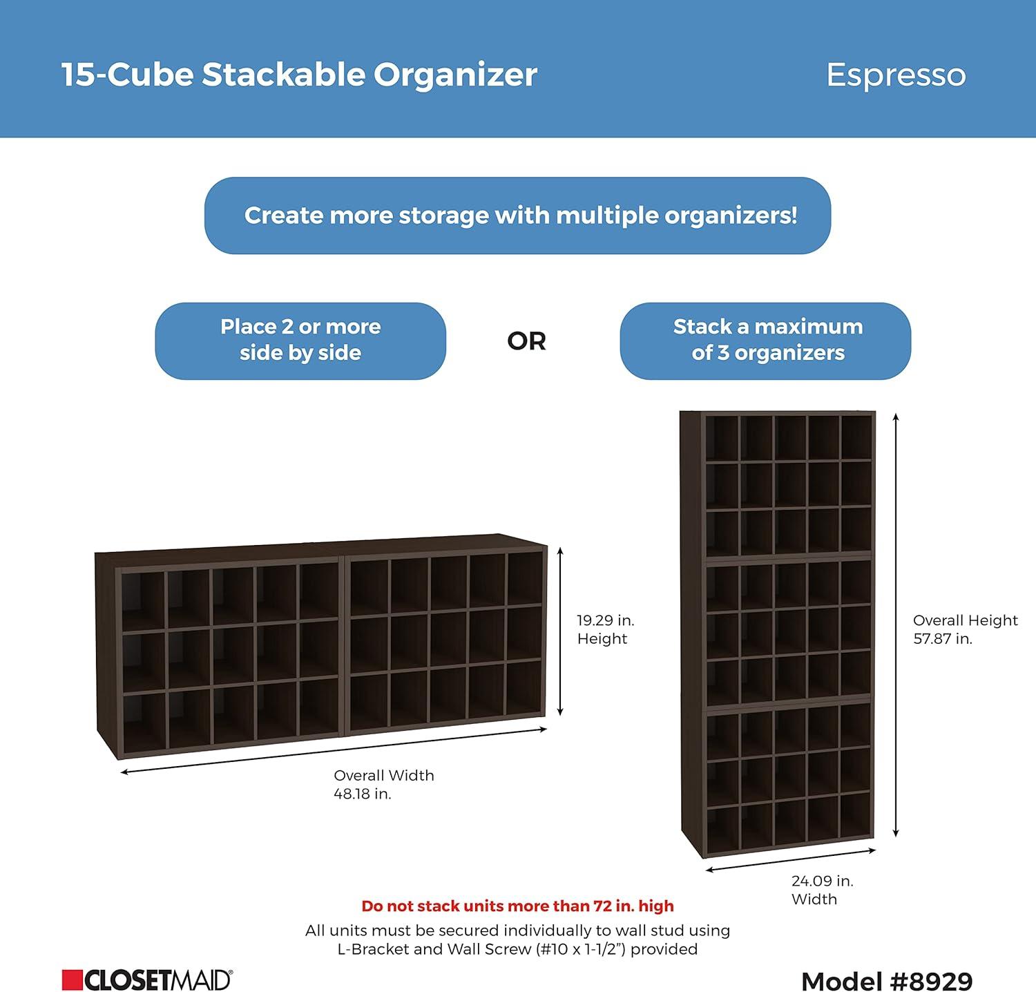 imageClosetMaid 15 Cube Stackable Storage Organizer for Shoes Bags Crafts Hobbies with Wood Shelves for Closet Entryway or Mudroom Dark CherryEspresso