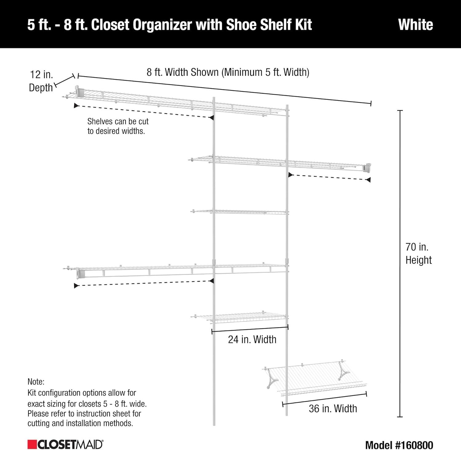 imageClosetMaid 1608 Closet Organizer Kit with Shoe Shelf 5Foot to 8Foot WhiteWith Shoe Rack