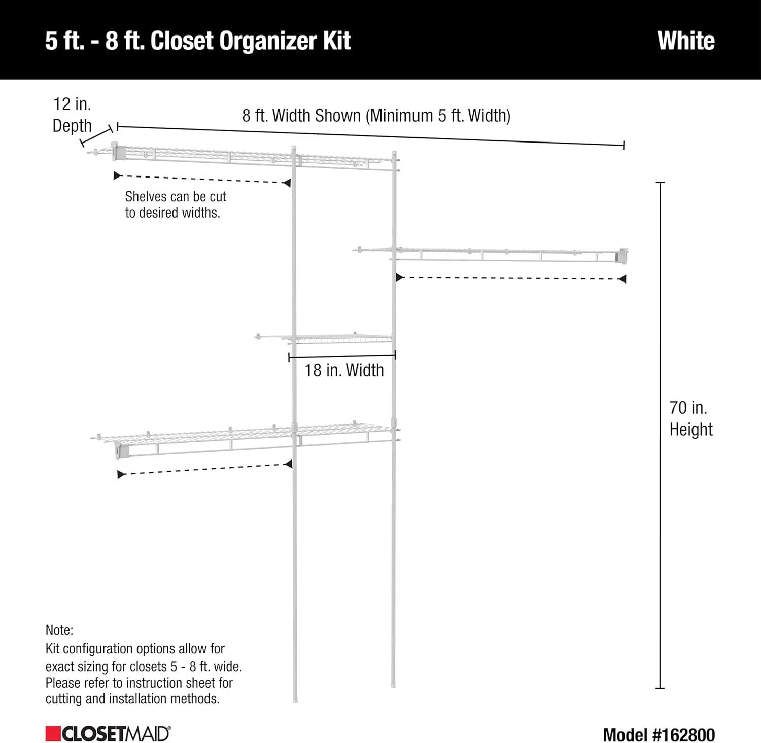 imageClosetMaid 1608 Closet Organizer Kit with Shoe Shelf 5Foot to 8Foot WhiteWithout Shoe Rack
