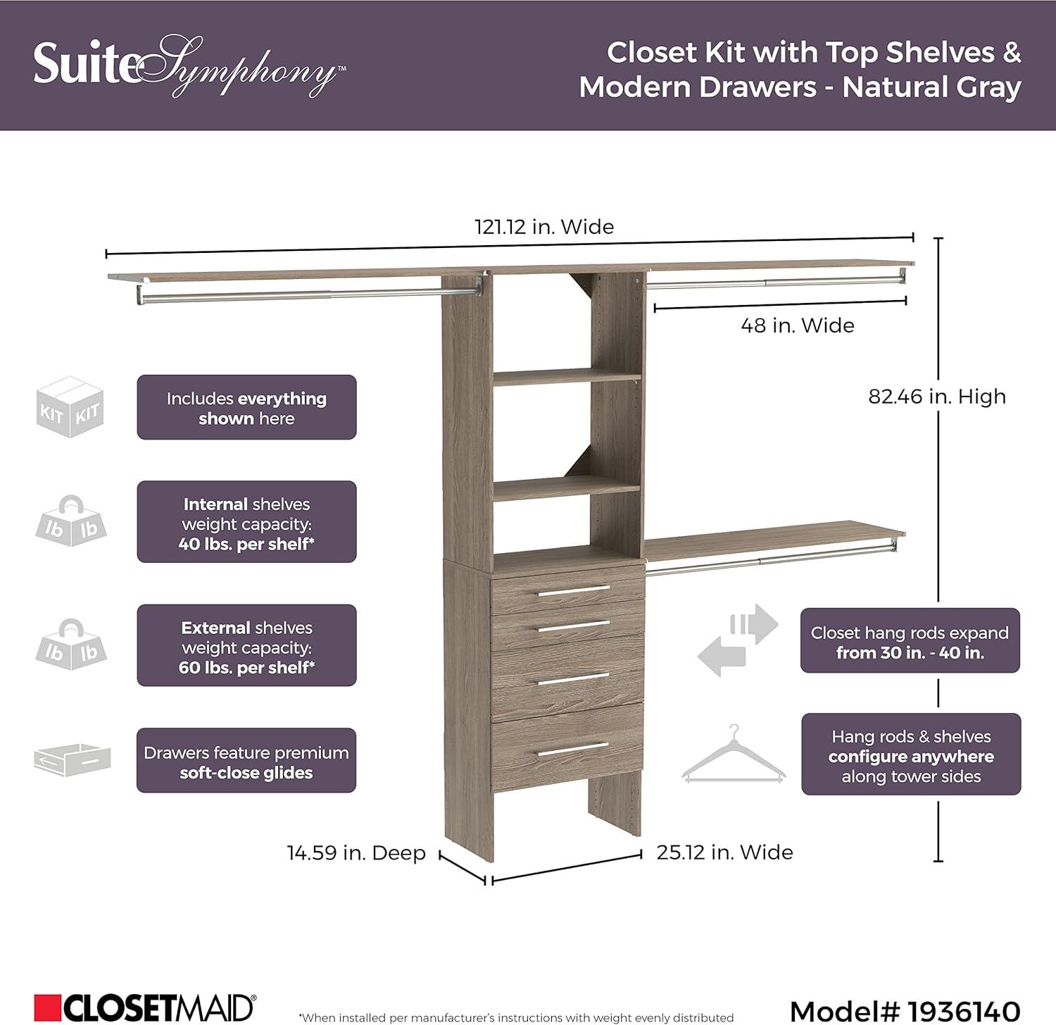 imageClosetMaid 1937440 SuiteSymphony Modern 16Inch Closet Organizer with Shelves and 2Drawers Pure WhiteNatural Gray