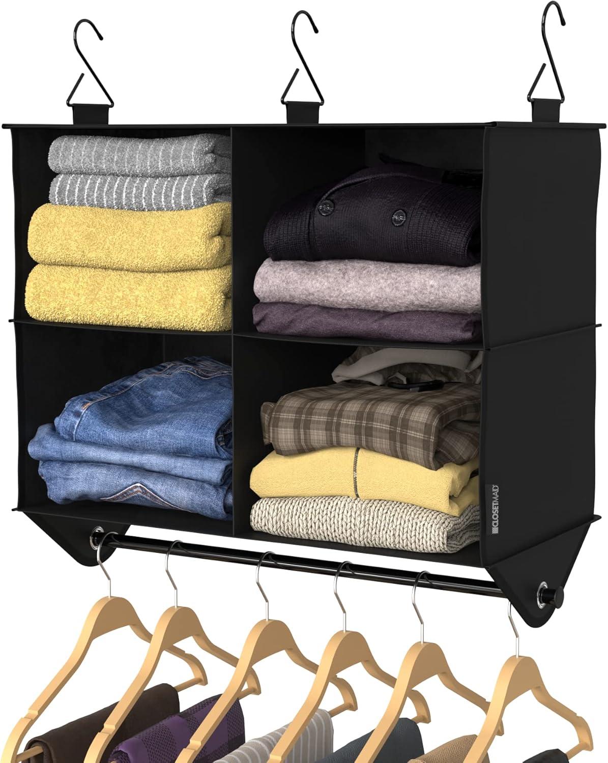 imageClosetMaid 20504 Foldable Underbed Storage Bag with Handles Zipper Closure and Clear Window for Sweaters Shoes Blankets with Charcoal Black Finish4Shelf Hanging Organizer with Rod
