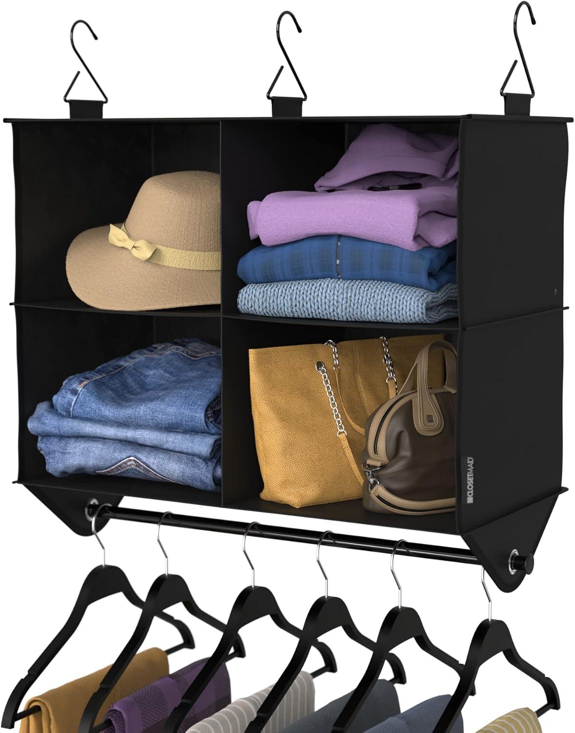 imageClosetMaid 20504 Foldable Underbed Storage Bag with Handles Zipper Closure and Clear Window for Sweaters Shoes Blankets with Charcoal Black Finish4Shelf Hanging Organizer with Rod