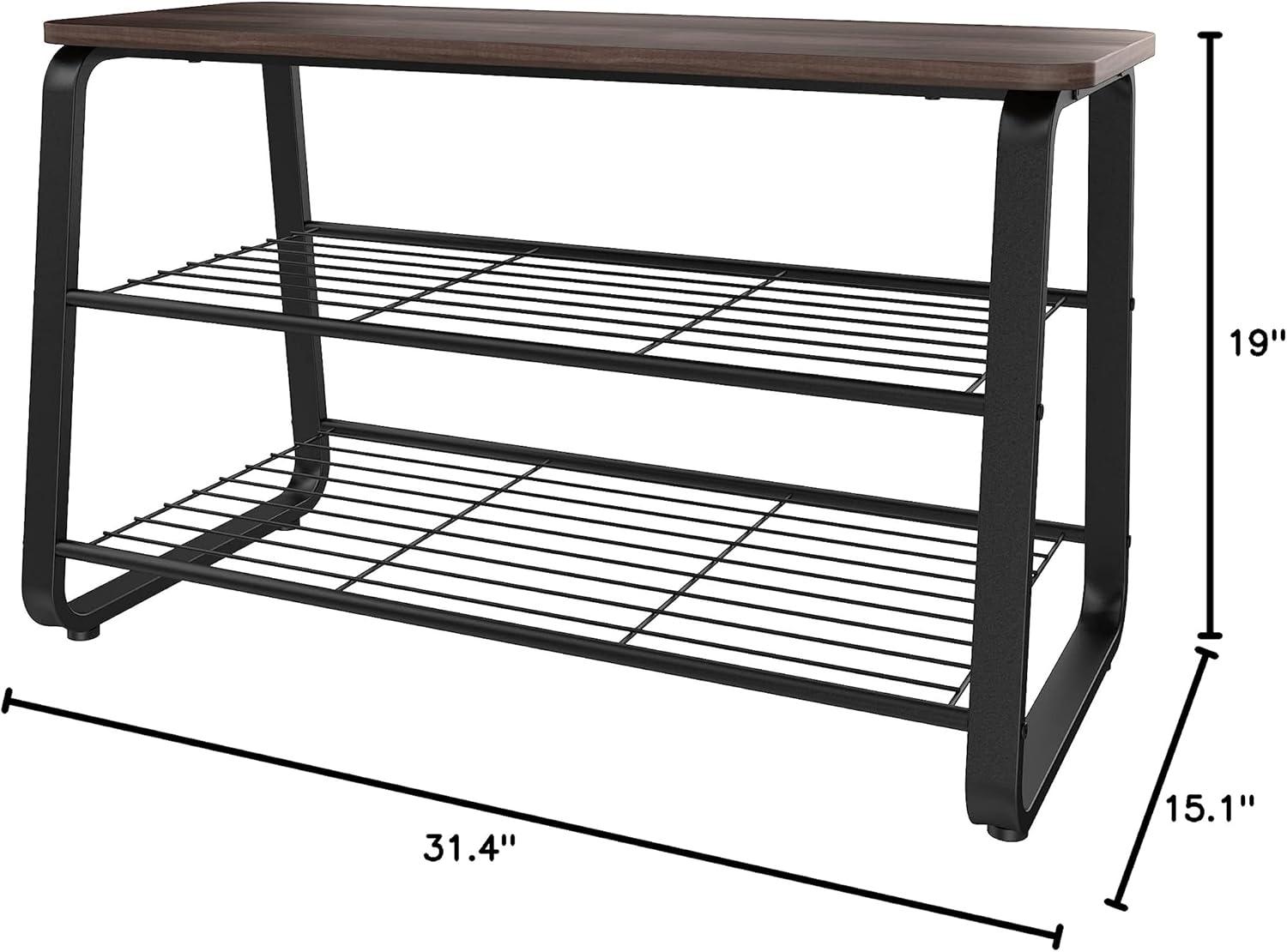 imageClosetMaid 3Tier Shoe Rack Bench Metal Frame Wire Shelves Wood Seat Entryway Hallway Living Room Mudroom Organizer Modern Walnut Finish