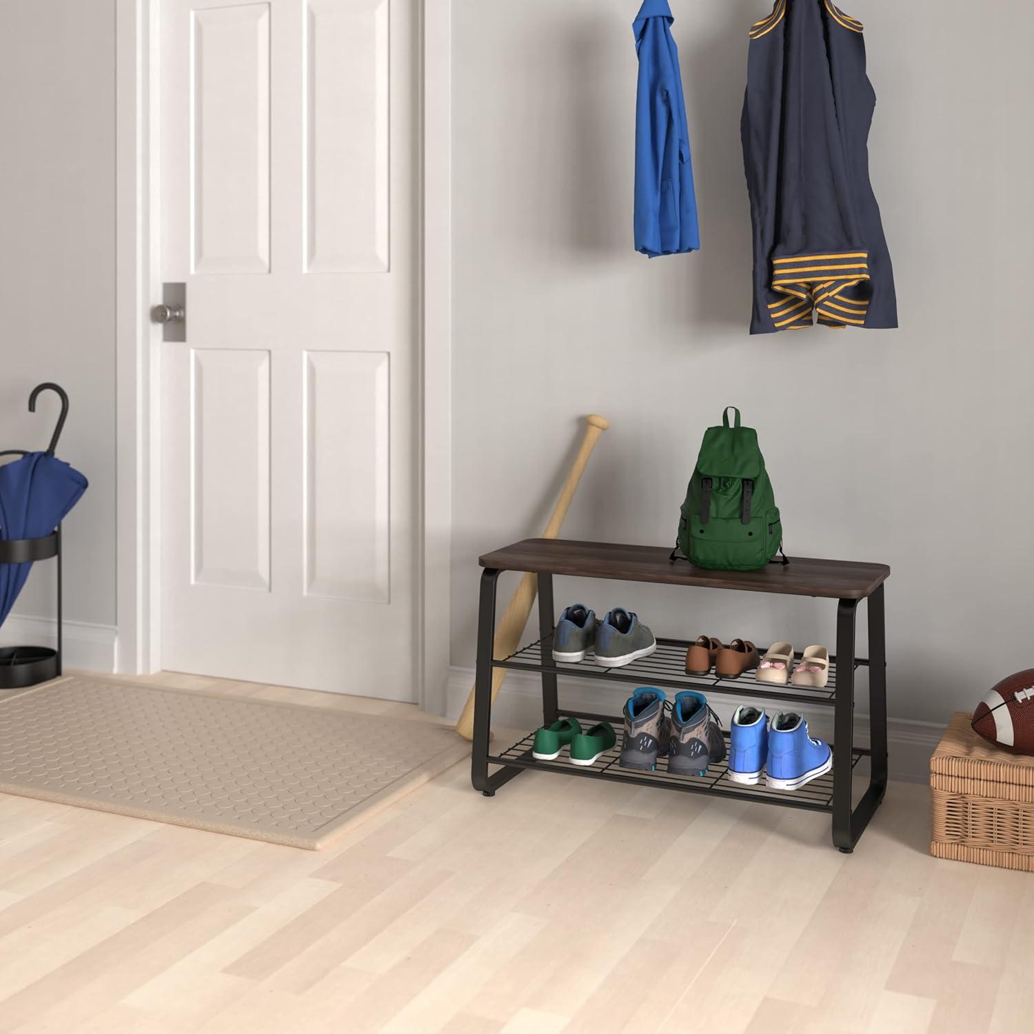 imageClosetMaid 3Tier Shoe Rack Bench Metal Frame Wire Shelves Wood Seat Entryway Hallway Living Room Mudroom Organizer Modern Walnut Finish