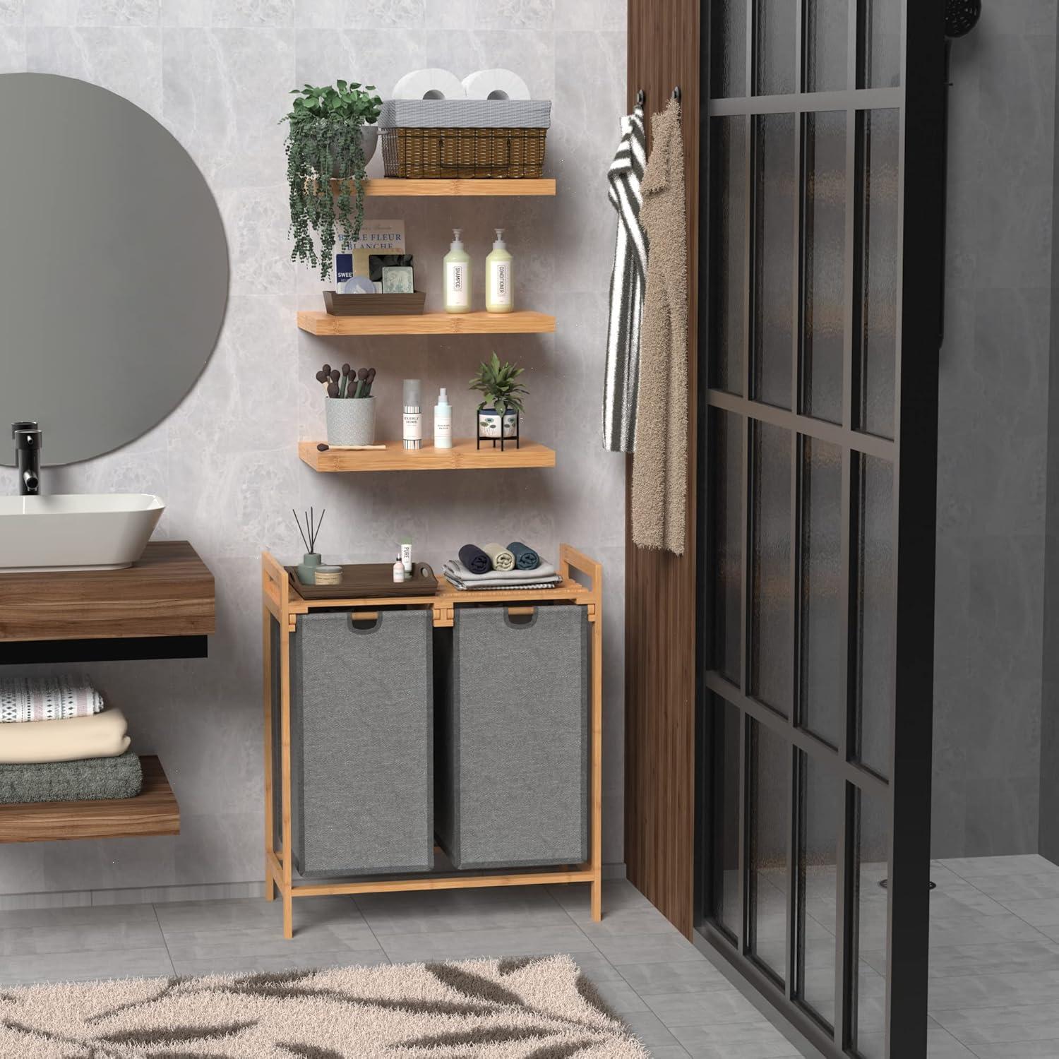 imageClosetMaid Bamboo Laundry Hamper and Shelf 2 Sliding Bag Sections Laundry Sorter with Dual Compartments Gray Bags Natural Finish