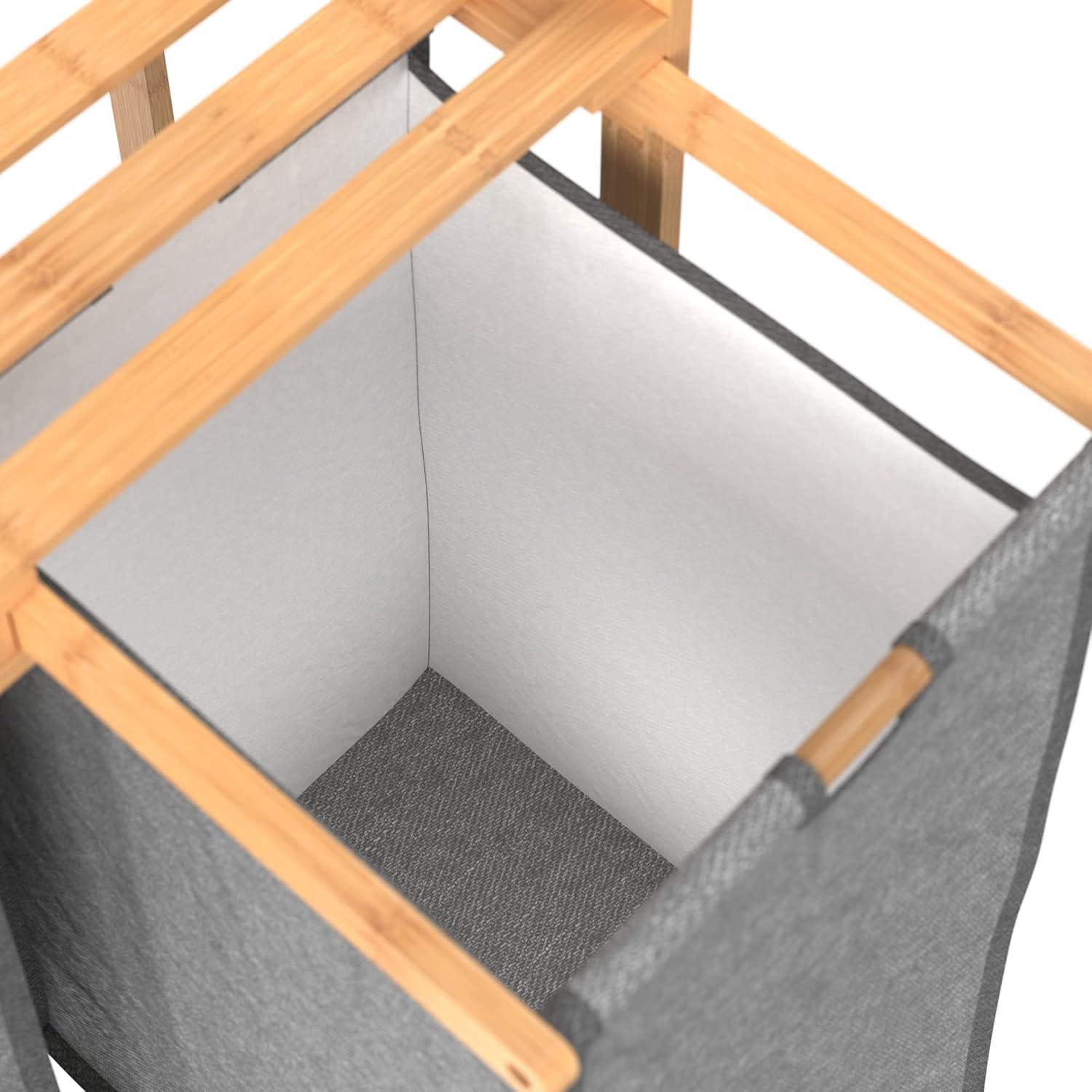 imageClosetMaid Bamboo Laundry Hamper and Shelf 2 Sliding Bag Sections Laundry Sorter with Dual Compartments Gray Bags Natural Finish