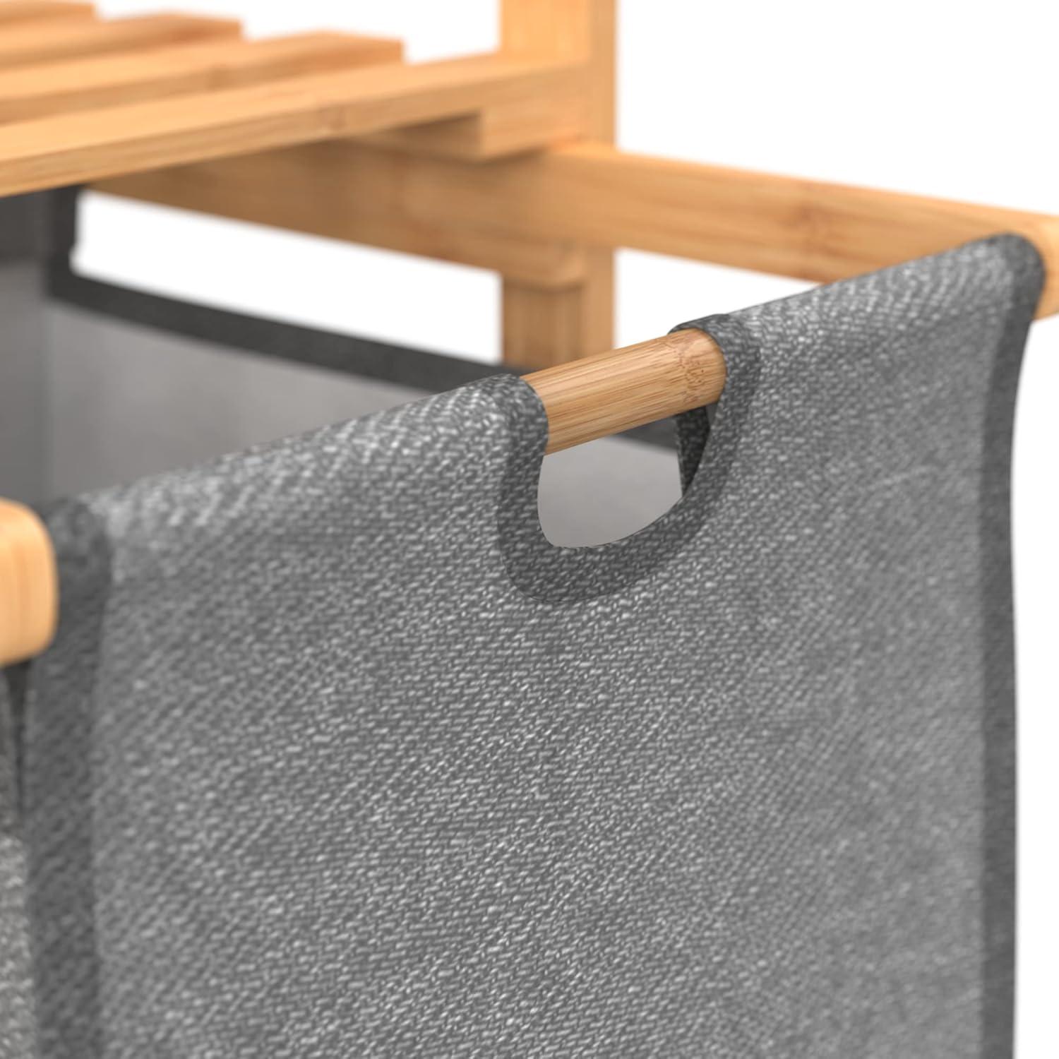 imageClosetMaid Bamboo Laundry Hamper and Shelf 2 Sliding Bag Sections Laundry Sorter with Dual Compartments Gray Bags Natural Finish