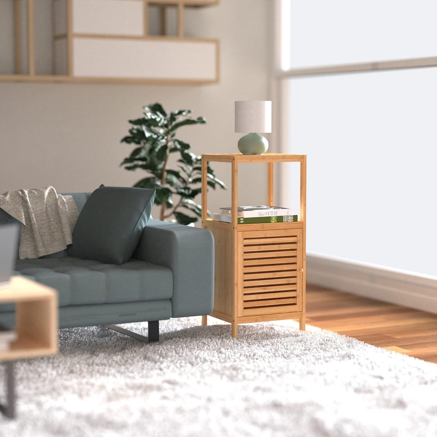 imageClosetMaid Bamboo Storage Cabinet Freestanding Floor Cabinet with Single Door 3 Shelves for Bathroom Living Room Slide Table Natural Finish