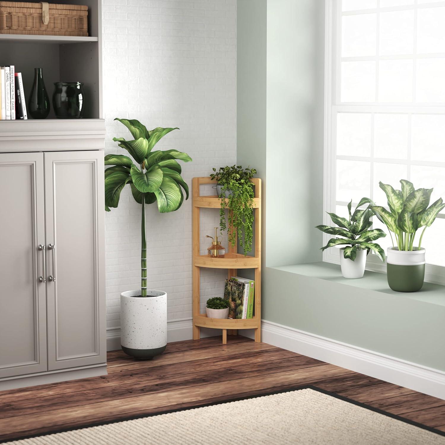 imageClosetMaid Corner Shelf 3 Tiers with Display Shelves Floor Standing Bookshelf Small Space Shelving Unit Plant Stand Bamboo Wood