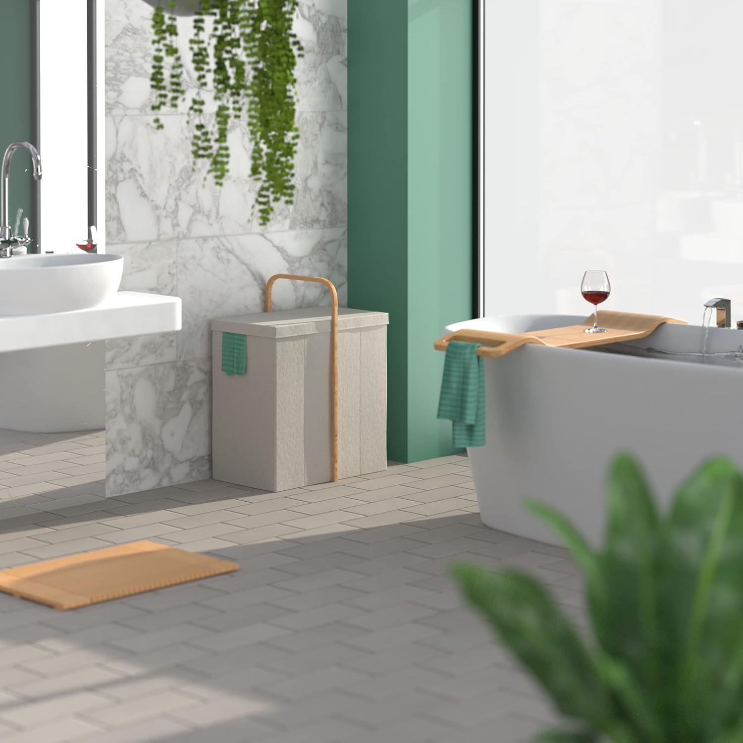 imageClosetMaid Laundry Hamper Basket Foldable with Lid Two Compartments Bamboo Handle Portable Collapsible Design Freestanding Beige