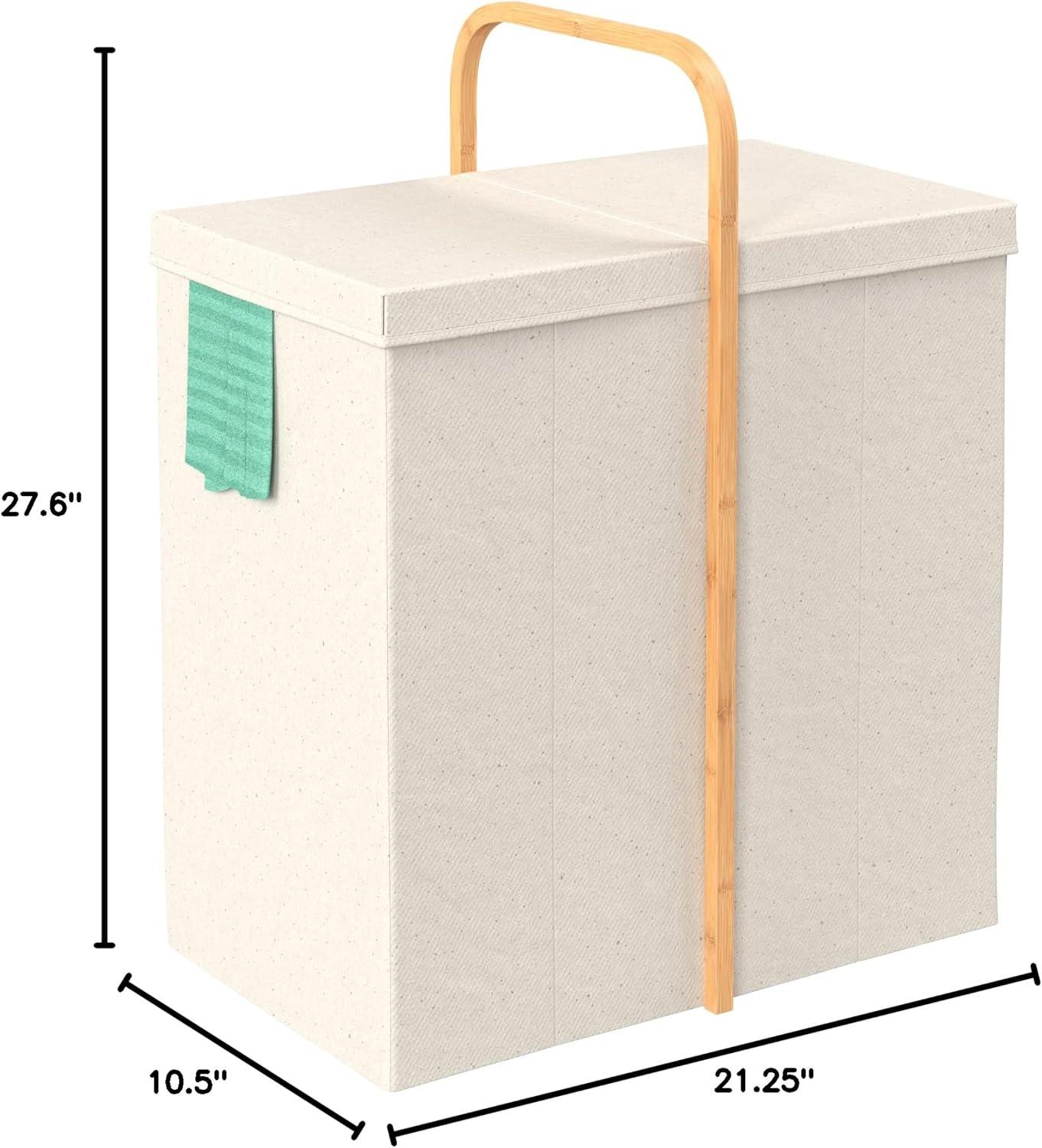 imageClosetMaid Laundry Hamper Basket Foldable with Lid Two Compartments Bamboo Handle Portable Collapsible Design Freestanding Beige