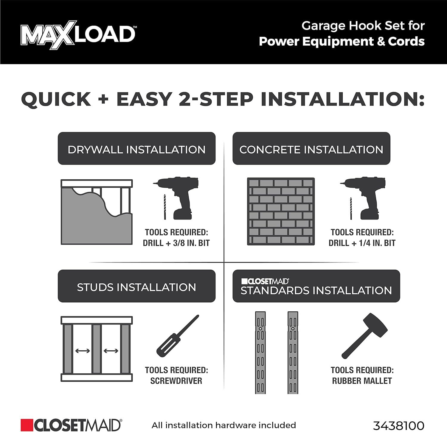 imageClosetMaid MaxLoad 2Pack Garage Hooks ampamp Hangers Wall Mount Heavy Duty Storage for Cords Hoses Power Equipment Black2 Pack