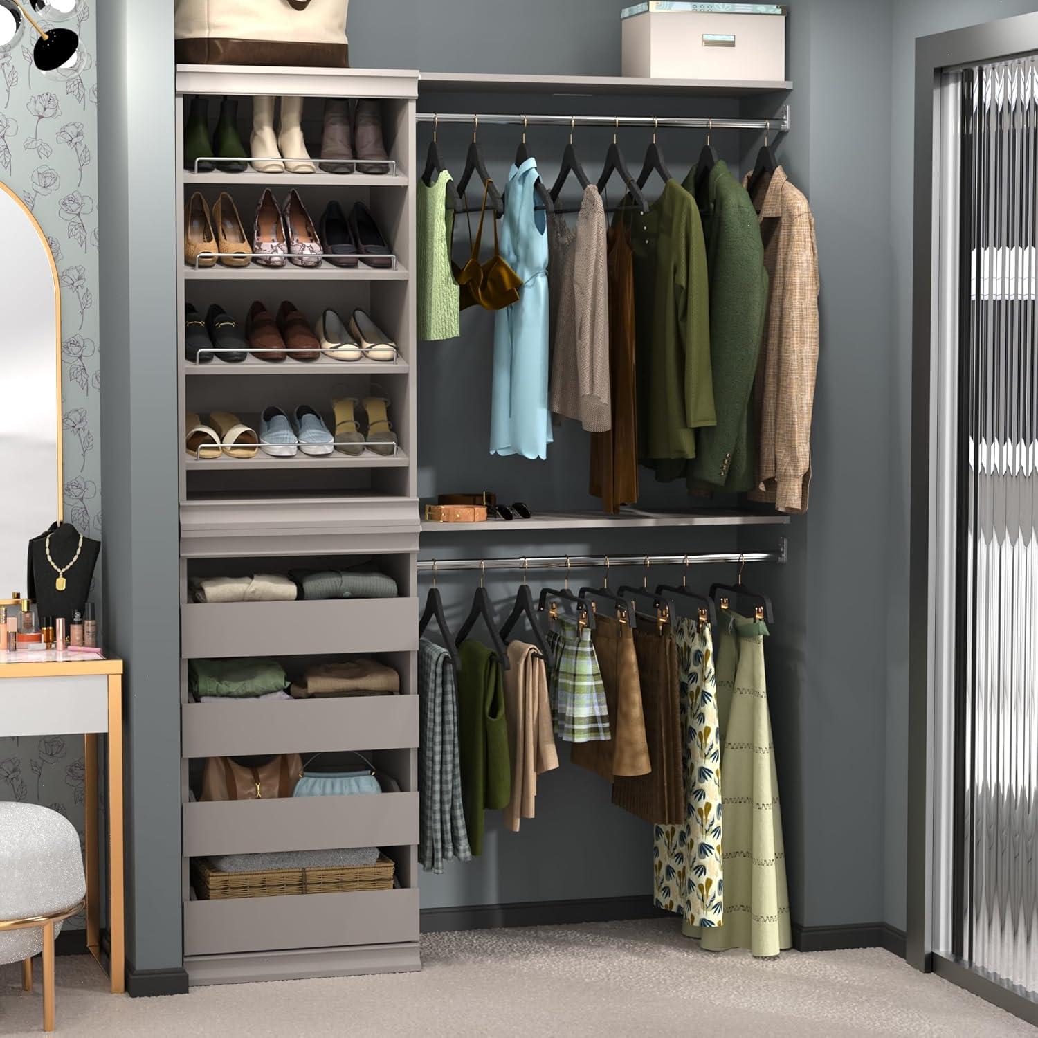 imageClosetMaid Modular Storage Angled Shelves Wood Closet Organizer Adjustable Stacking Full Backer Decorative Trim White Shoe Shelf UnitTaupe