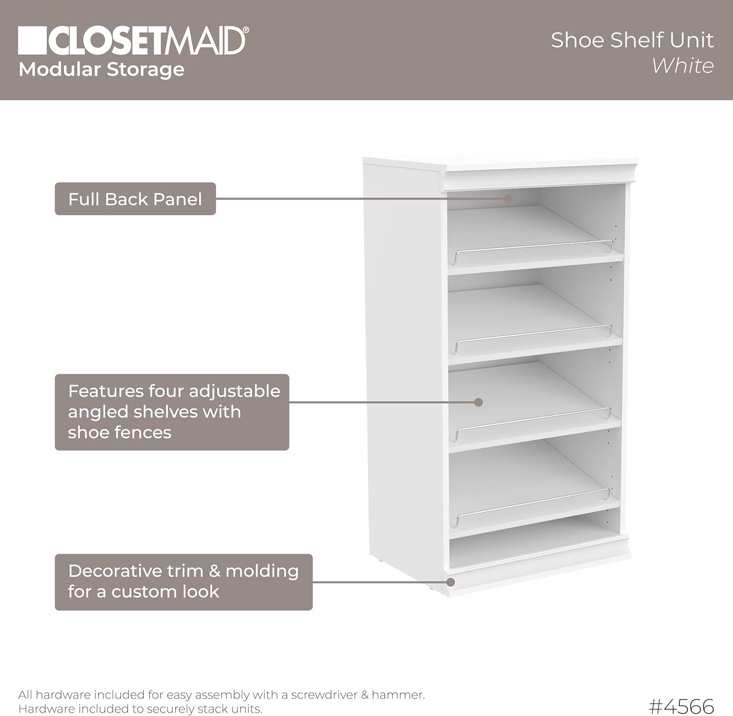 imageClosetMaid Modular Storage Angled Shelves Wood Closet Organizer Adjustable Stacking Full Backer Decorative Trim White Shoe Shelf UnitWhite