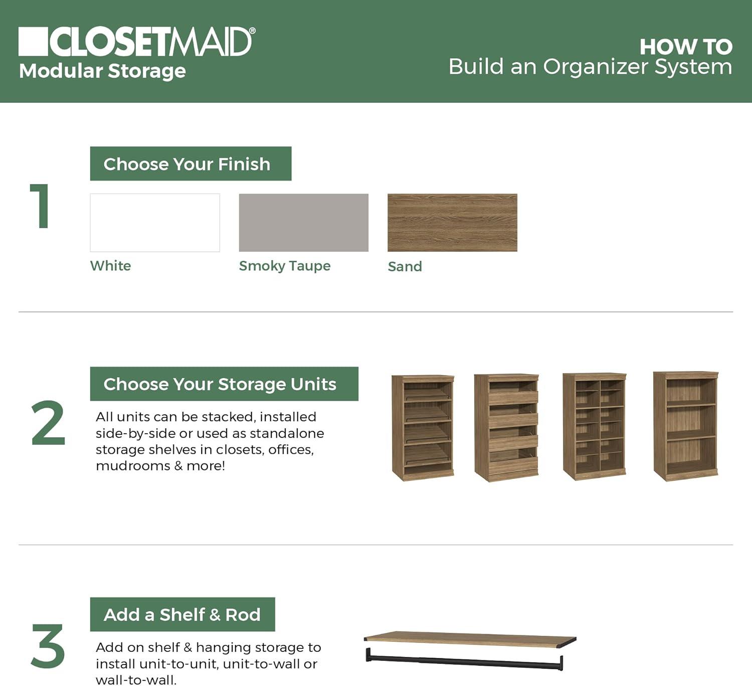 imageClosetMaid Modular Storage Unit with 4 Drawers Wood Closet Organizer Stacking Full Backer Storage Decorative Trim WhiteSand