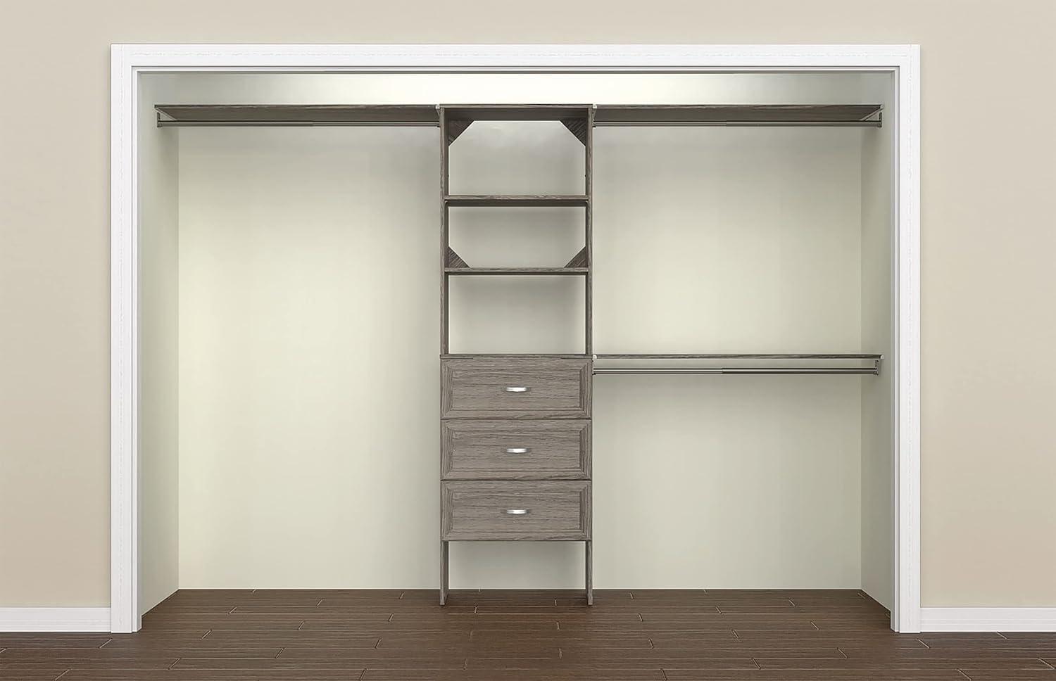 imageClosetMaid SuiteSymphony Wood Closet Organizer Kit with Tower 3 Hang Rods Top Shelves 3 Drawers Adjustable Fits Spaces 6 10 ft Wide Graphite Grey