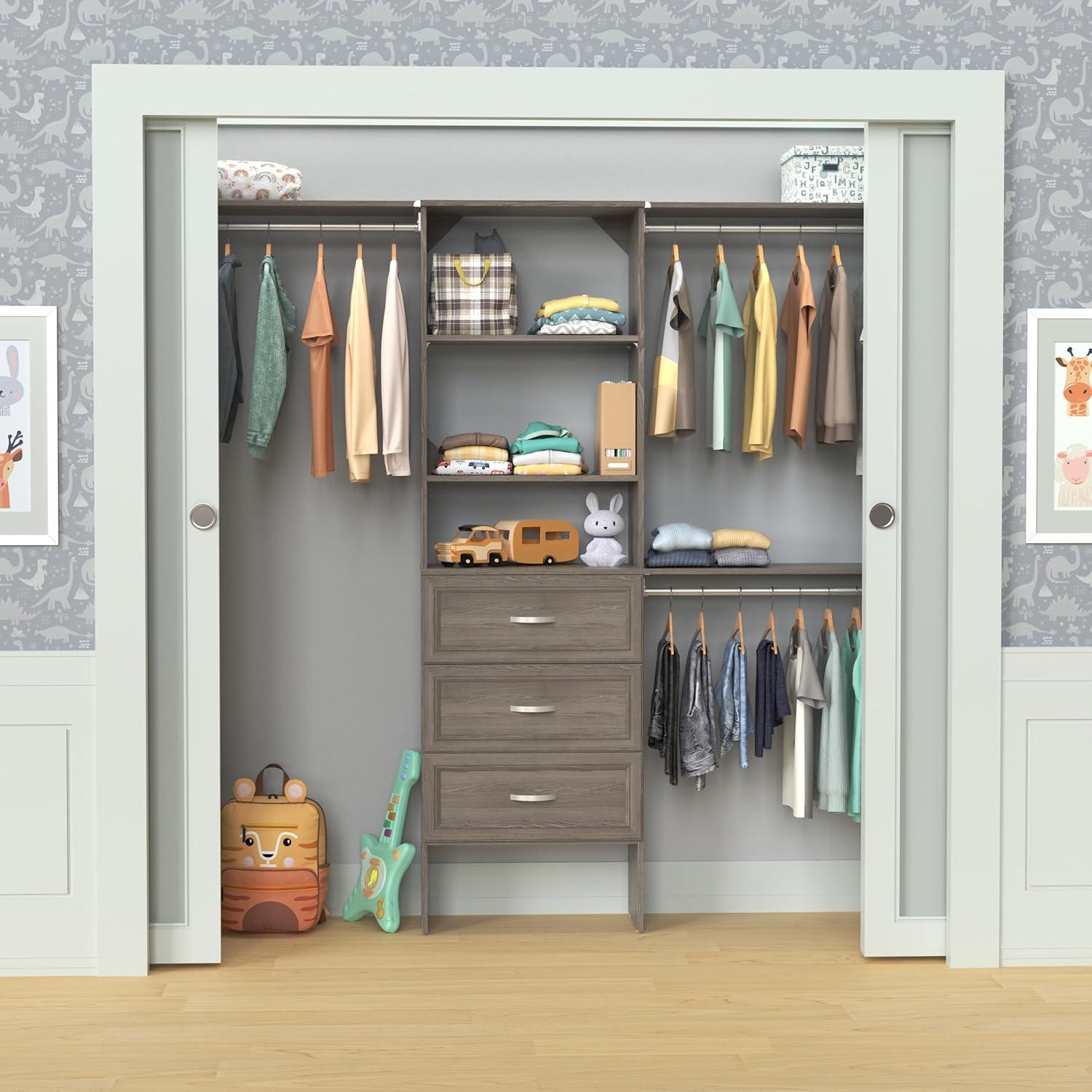 imageClosetMaid SuiteSymphony Wood Closet Organizer Kit with Tower 3 Hang Rods Top Shelves 3 Drawers Adjustable Fits Spaces 6 10 ft Wide Graphite Grey