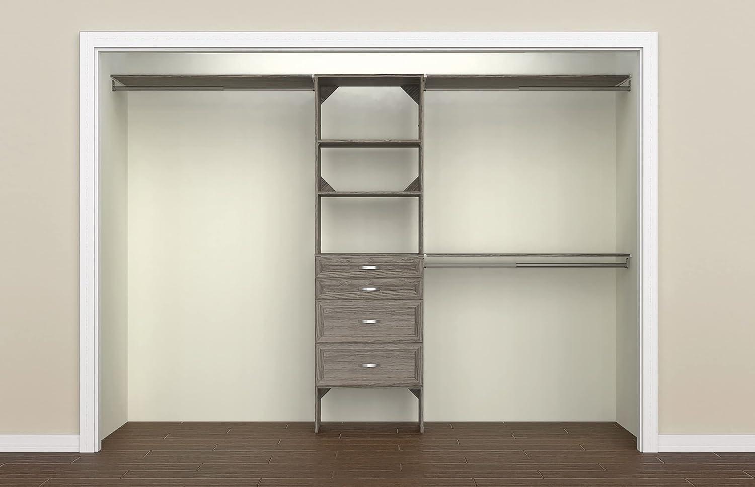 imageClosetMaid SuiteSymphony Wood Closet Organizer Kit with Tower 3 Hang Rods Top Shelves 4 Drawers Adjustable Fits Spaces 6 10 ft Wide Graphite Grey