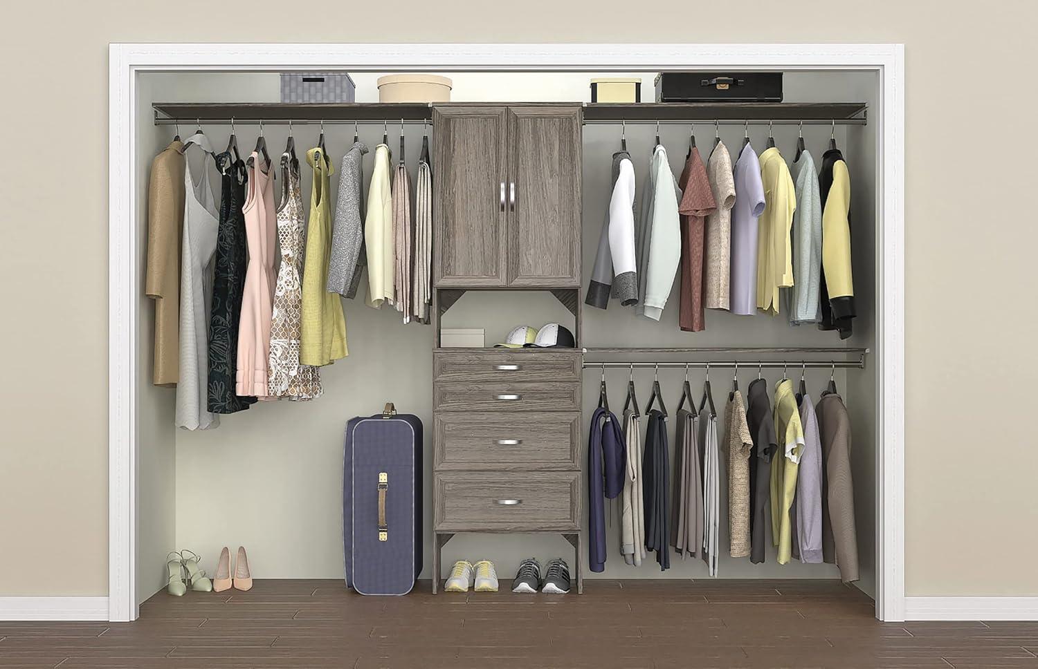 imageClosetMaid SuiteSymphony Wood Closet Organizer Kit with Tower 3 Hang Rods Top Shelves 4 Drawers Doors Adjustable Fits Spaces 6 10 ft Wide Graphite Grey
