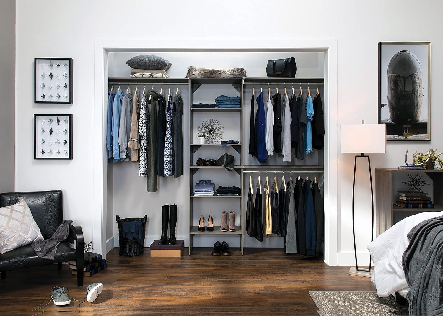 imageClosetMaid SuiteSymphony Wood Closet Organizer Kit with Tower 3 Hang Rods Top Shelves Adjustable Fits Spaces 6 10 ft Wide Graphite Grey