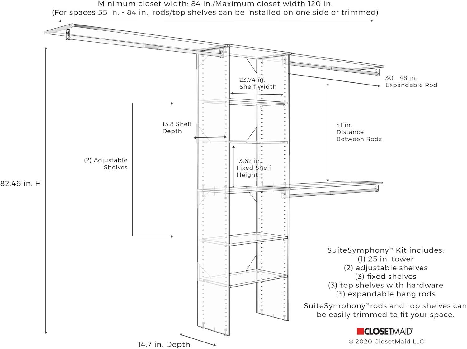 imageClosetMaid SuiteSymphony Wood Closet Organizer Kit with Tower 3 Hang Rods Top Shelves Adjustable Fits Spaces 6 10 ft Wide Natural Gray