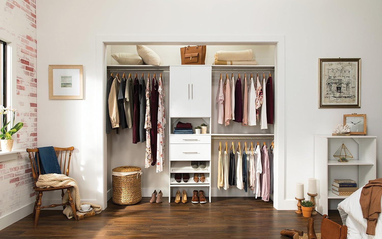 imageClosetMaid SuiteSymphony Wood Closet Organizer Starter Kit Tower and 3 Hang Rods Shelves Adjustable Fits Spaces 5 10 ft Wide Pure White 25quot