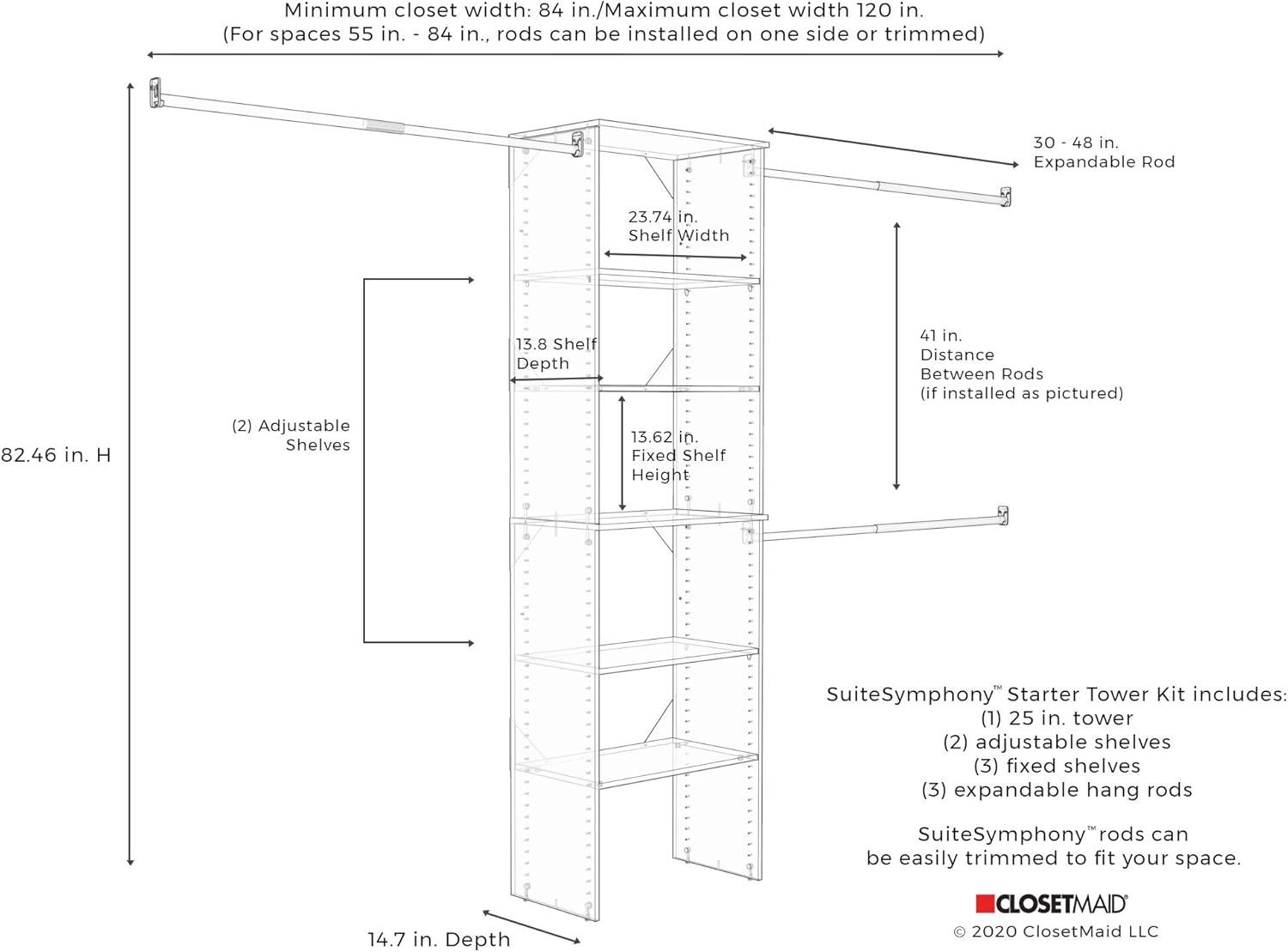 imageClosetMaid SuiteSymphony Wood Closet Organizer Starter Kit Tower and 3 Hang Rods Shelves Adjustable Fits Spaces 5 10 ft Wide Pure White 25quot