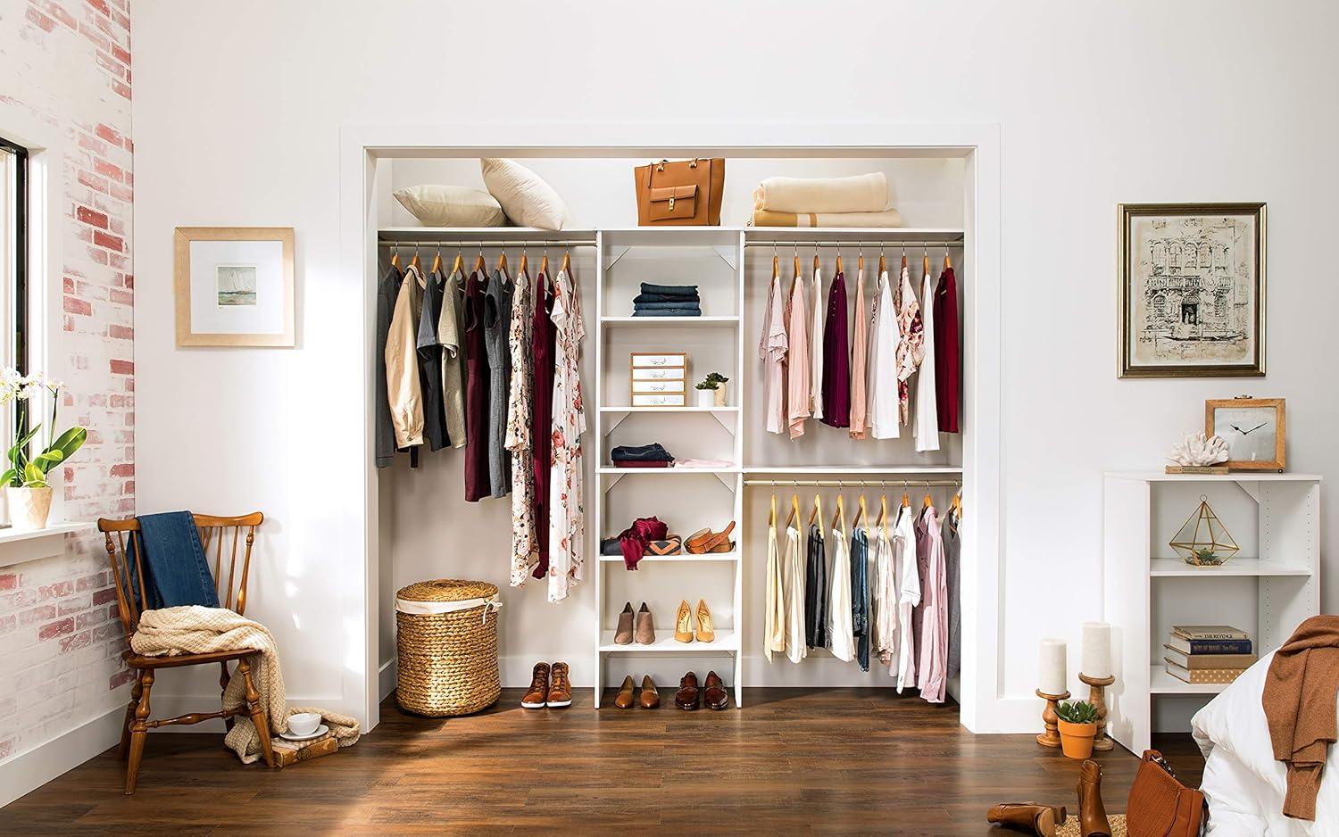 imageClosetMaid SuiteSymphony Wood Closet Organizer Starter Kit Tower and 3 Hang Rods Shelves Adjustable Fits Spaces 5 10 ft Wide Pure White 25quot