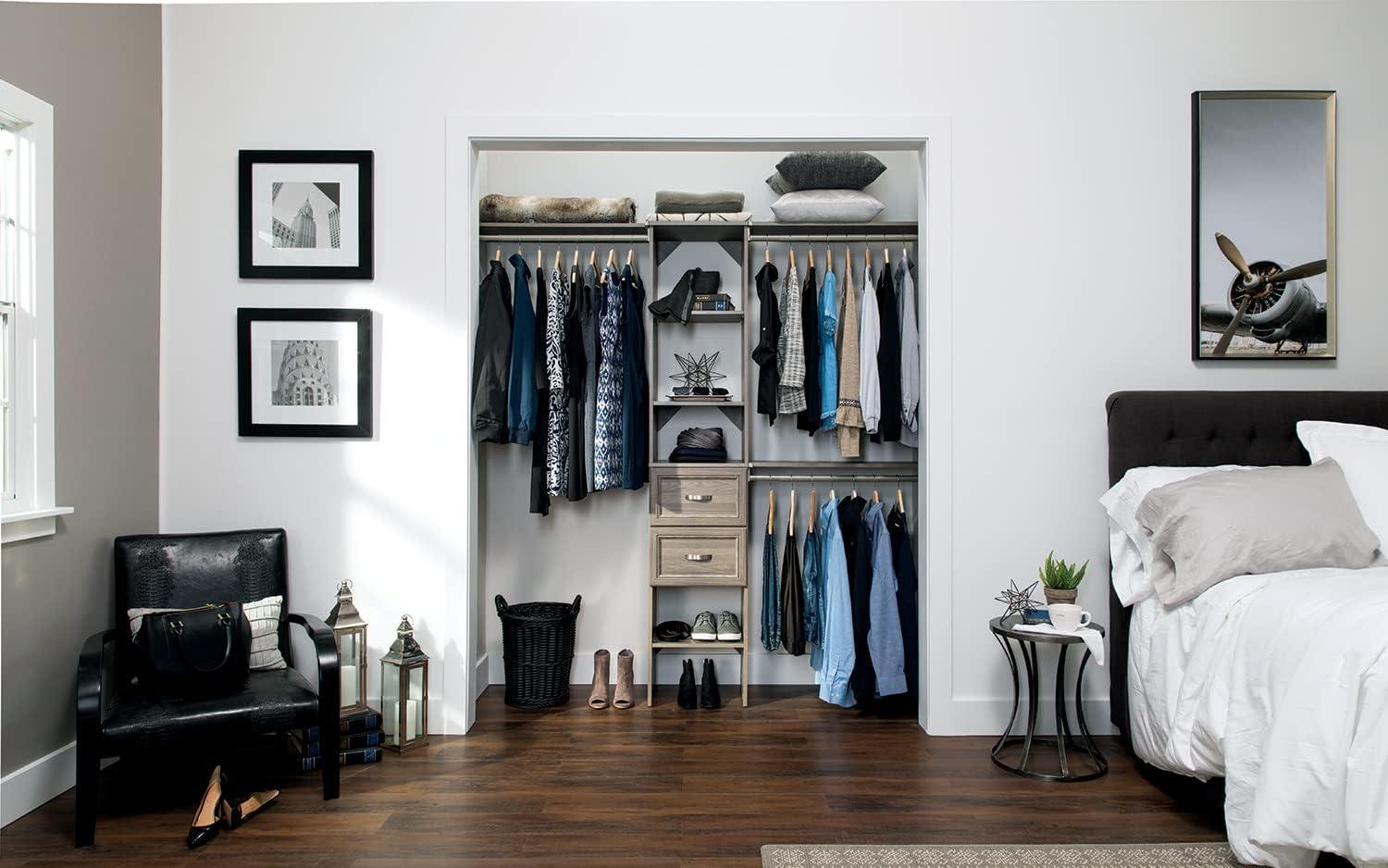 imageClosetMaid SuiteSymphony Wood Closet Organizer Starter Kit with Tower and 3 Hang Rods Shelves Adjustable Fits Spaces 4 9 ft Wide Graphite GreyGraphite Grey