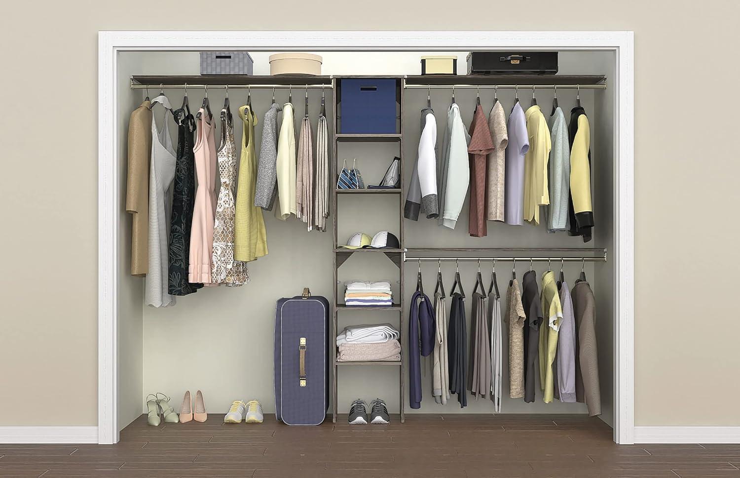 imageClosetMaid SuiteSymphony Wood Closet Organizer Starter Kit with Tower and 3 Hang Rods Shelves Adjustable Fits Spaces 4 9 ft Wide Graphite GreyGraphite Grey
