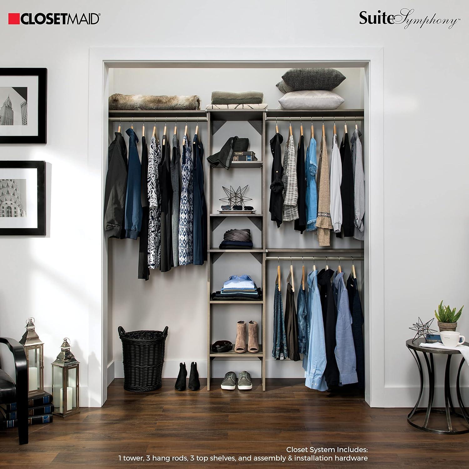 imageClosetMaid SuiteSymphony Wood Closet Organizer Starter Kit with Tower and 3 Hang Rods Shelves Adjustable Fits Spaces 4 9 ft Wide Graphite GreyGraphite Grey