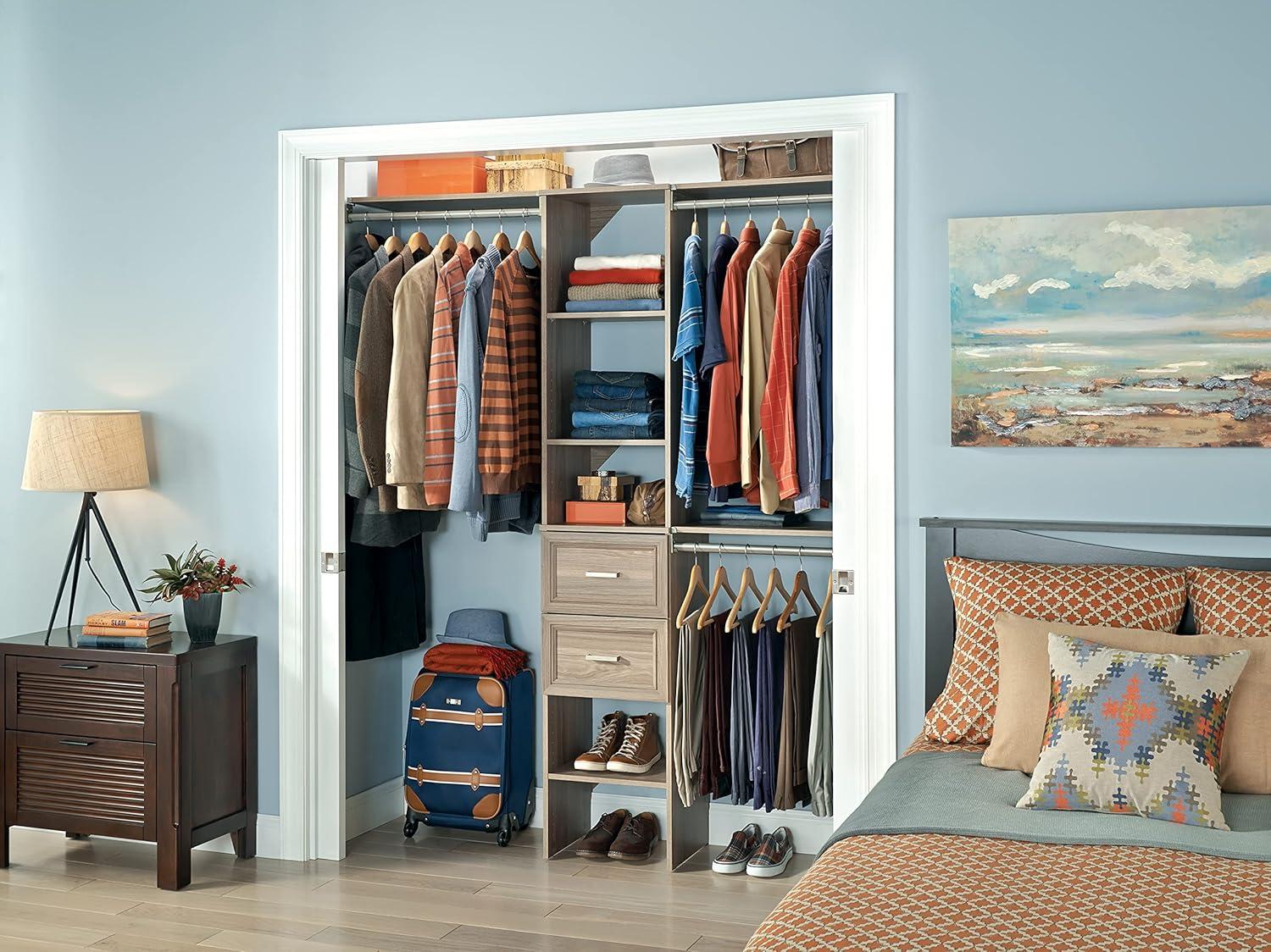 imageClosetMaid SuiteSymphony Wood Closet Organizer Starter Kit with Tower and 3 Hang Rods Shelves Adjustable Fits Spaces 4 9 ft Wide Graphite GreyNatural Gray