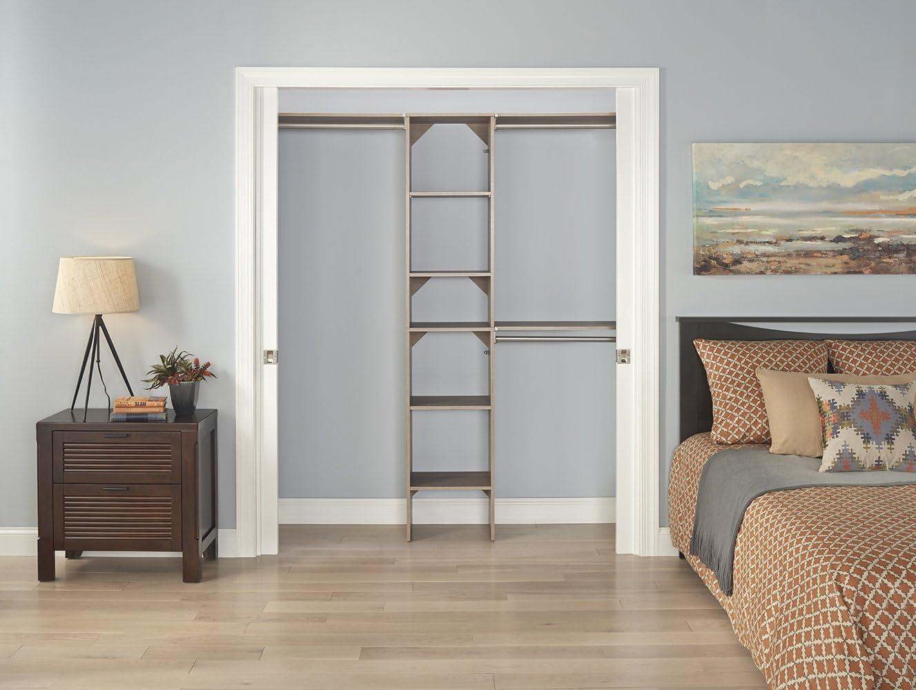 imageClosetMaid SuiteSymphony Wood Closet Organizer Starter Kit with Tower and 3 Hang Rods Shelves Adjustable Fits Spaces 4 9 ft Wide Graphite GreyNatural Gray