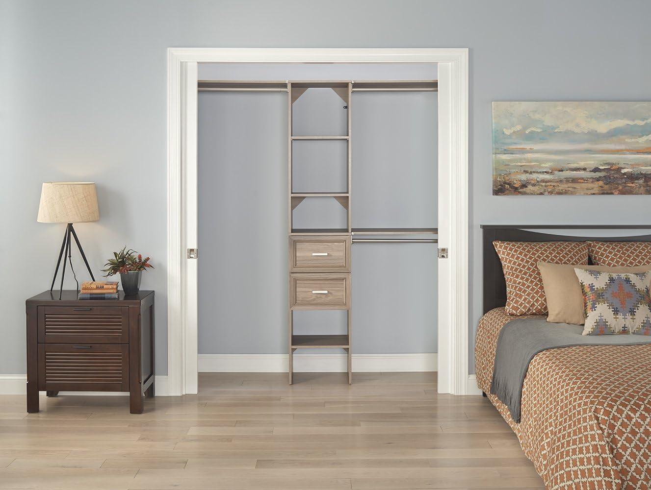 imageClosetMaid SuiteSymphony Wood Closet Organizer Starter Kit with Tower and 3 Hang Rods Shelves Adjustable Fits Spaces 4 9 ft Wide Graphite GreyNatural Gray