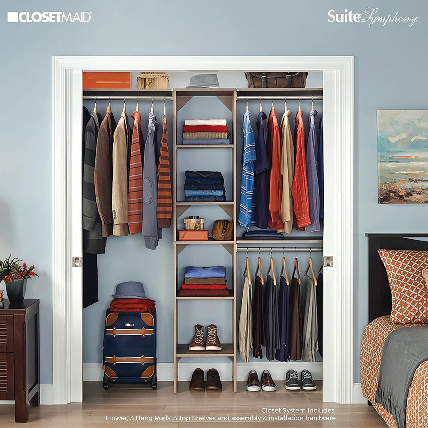 imageClosetMaid SuiteSymphony Wood Closet Organizer Starter Kit with Tower and 3 Hang Rods Shelves Adjustable Fits Spaces 4 9 ft Wide Graphite GreyNatural Gray