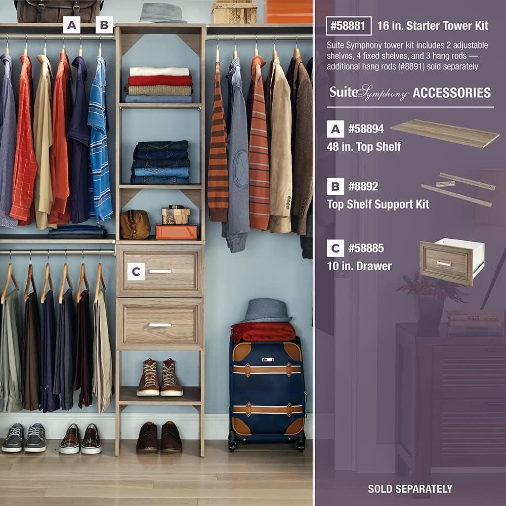 imageClosetMaid SuiteSymphony Wood Closet Organizer Starter Kit with Tower and 3 Hang Rods Shelves Adjustable Fits Spaces 4 9 ft Wide Graphite GreyNatural Gray
