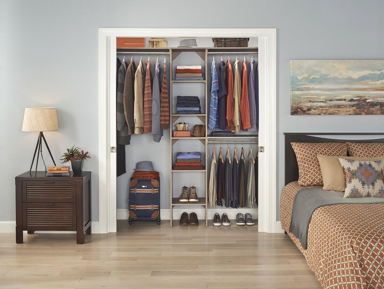 imageClosetMaid SuiteSymphony Wood Closet Organizer Starter Kit with Tower and 3 Hang Rods Shelves Adjustable Fits Spaces 4 9 ft Wide Graphite GreyNatural Gray