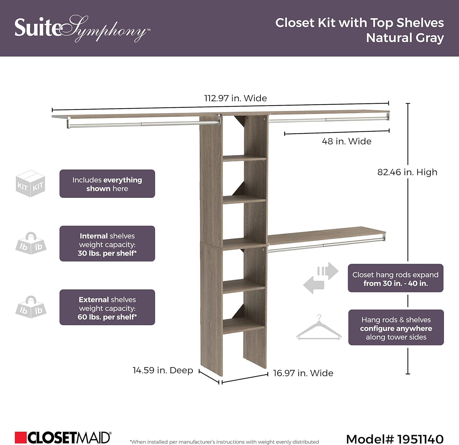imageClosetMaid SuiteSymphony Wood Closet Organizer Starter Kit with Tower and 3 Hang Rods Shelves Adjustable Fits Spaces 4 9 ft Wide Graphite GreyNatural Gray