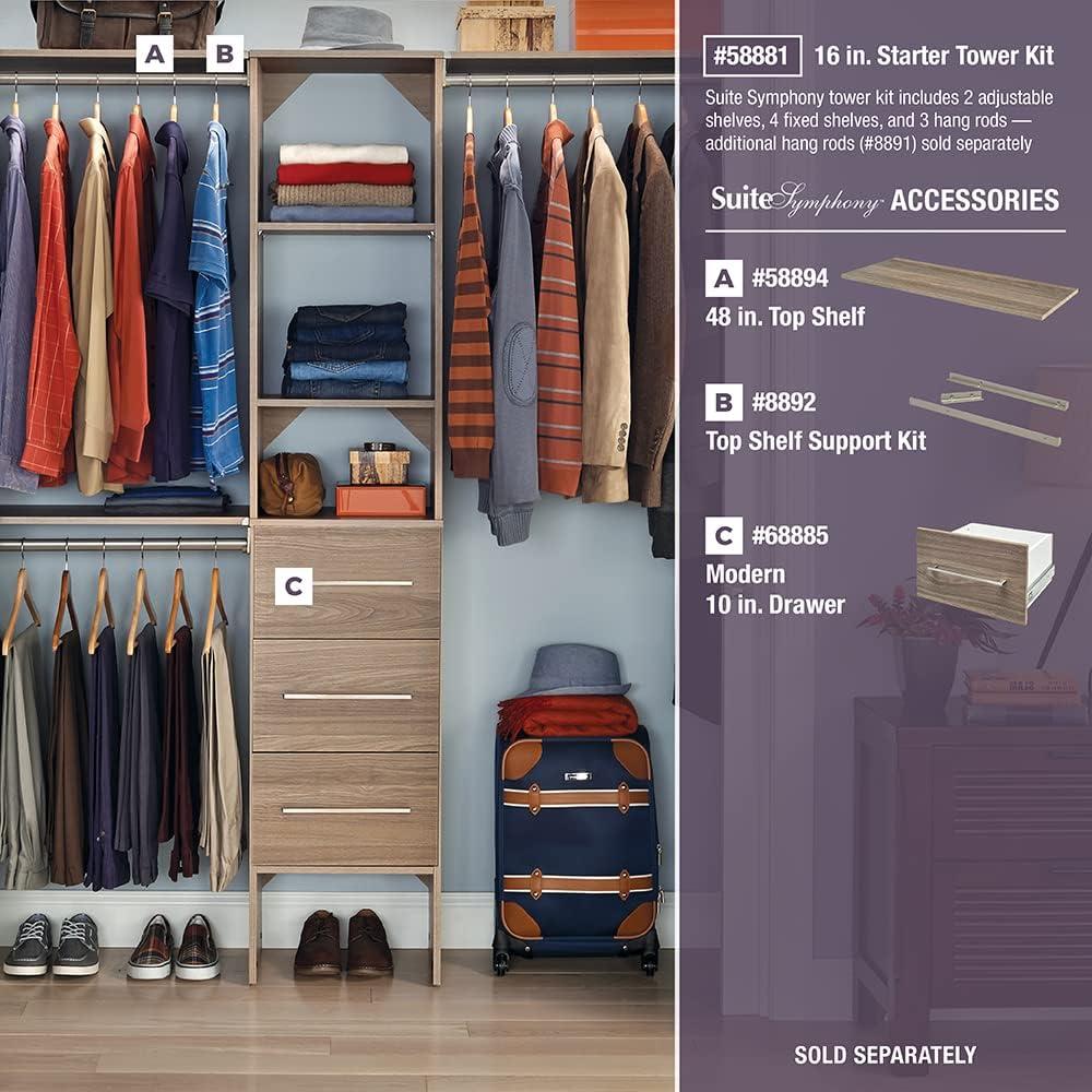 imageClosetMaid SuiteSymphony Wood Closet Organizer Starter Kit with Tower and 3 Hang Rods Shelves Adjustable Fits Spaces 4 9 ft Wide Graphite GreyNatural Gray