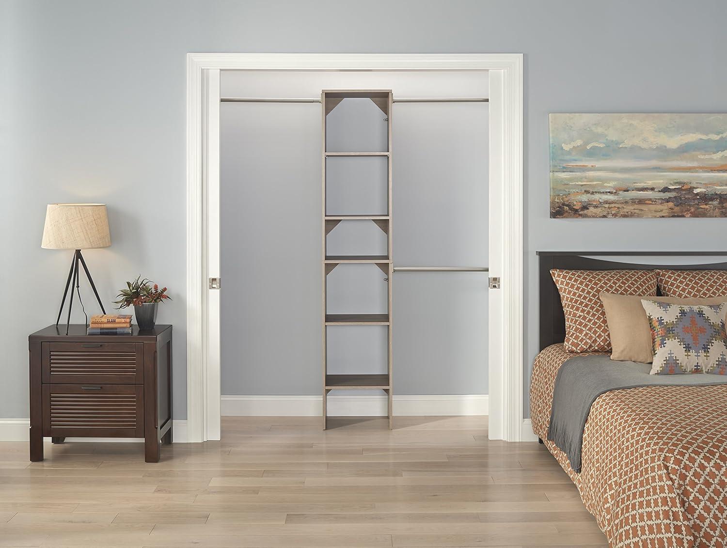 imageClosetMaid SuiteSymphony Wood Closet Organizer Starter Kit with Tower and 3 Hang Rods Shelves Adjustable Fits Spaces 4 9 ft Wide Graphite GreyNatural Gray