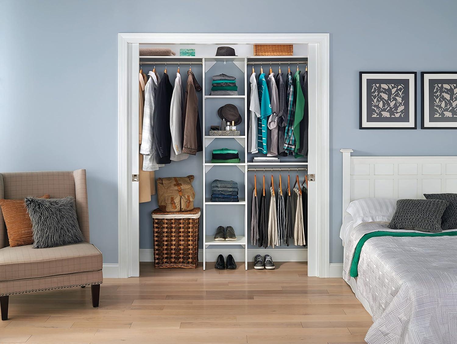 imageClosetMaid SuiteSymphony Wood Closet Organizer Starter Kit with Tower and 3 Hang Rods Shelves Adjustable Fits Spaces 4 9 ft Wide Graphite GreyPure White