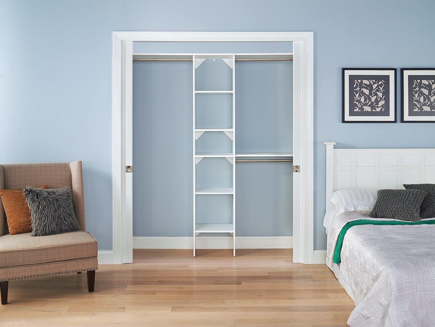 imageClosetMaid SuiteSymphony Wood Closet Organizer Starter Kit with Tower and 3 Hang Rods Shelves Adjustable Fits Spaces 4 9 ft Wide Graphite GreyPure White