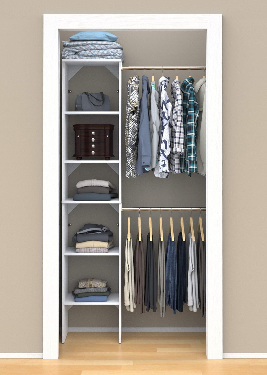imageClosetMaid SuiteSymphony Wood Closet Organizer Starter Kit with Tower and 3 Hang Rods Shelves Adjustable Fits Spaces 4 9 ft Wide Graphite GreyPure White