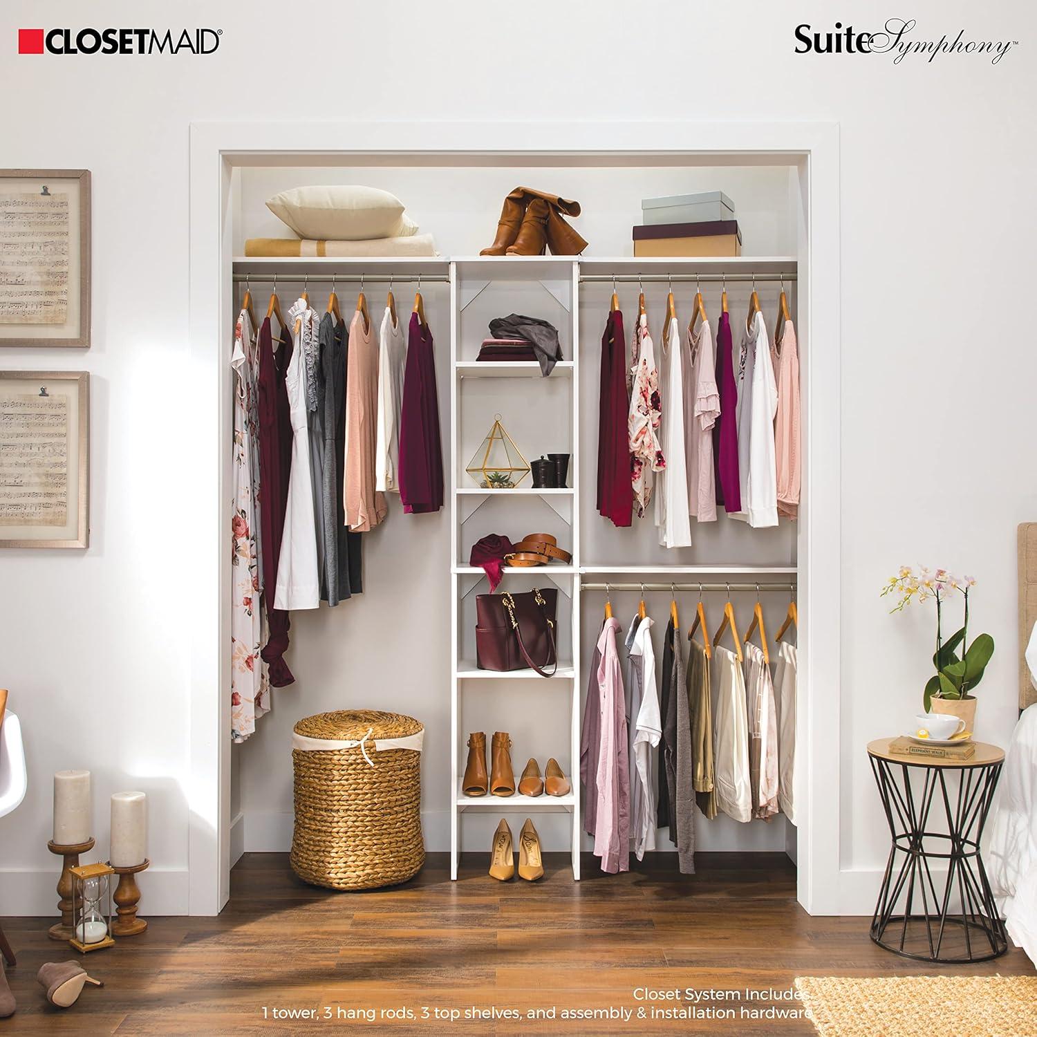 imageClosetMaid SuiteSymphony Wood Closet Organizer Starter Kit with Tower and 3 Hang Rods Shelves Adjustable Fits Spaces 4 9 ft Wide Graphite GreyPure White