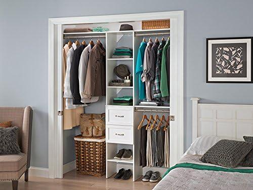imageClosetMaid SuiteSymphony Wood Closet Organizer Starter Kit with Tower and 3 Hang Rods Shelves Adjustable Fits Spaces 4 9 ft Wide Graphite GreyPure White